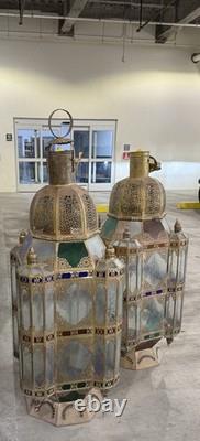 Vintage 58 XXLarge moroccan brass Floor lantern With Clear And Colored Glass