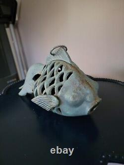 Vintage 60s MCM Cast Iron Metal Koi Fish Decorative Japan Hanging Lantern Light