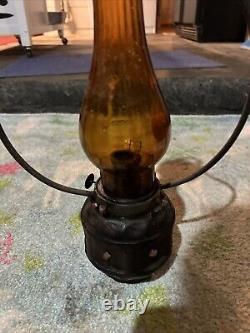 Vintage Amber Hurricane Hanging Lantern Wooden