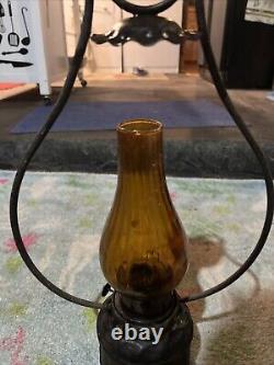 Vintage Amber Hurricane Hanging Lantern Wooden