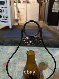 Vintage Amber Hurricane Hanging Lantern Wooden