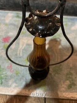 Vintage Amber Hurricane Hanging Lantern Wooden