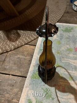Vintage Amber Hurricane Hanging Lantern Wooden