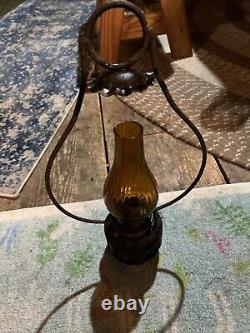Vintage Amber Hurricane Hanging Lantern Wooden