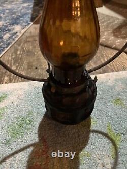 Vintage Amber Hurricane Hanging Lantern Wooden