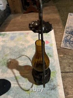Vintage Amber Hurricane Hanging Lantern Wooden