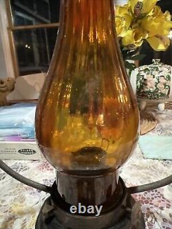 Vintage Amber Hurricane Hanging Lantern Wooden