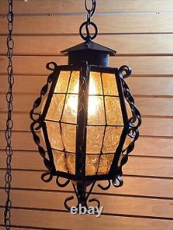Vintage Amber Iron Caged Crackle Glass Pendant Lamp Hanging Lantern Rare