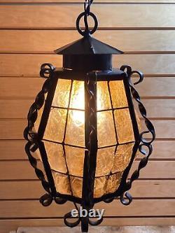 Vintage Amber Iron Caged Crackle Glass Pendant Lamp Hanging Lantern Rare