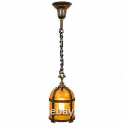 Vintage Amber Textured Glass Hanging Pendant Lantern Bronze Copper 32.5in