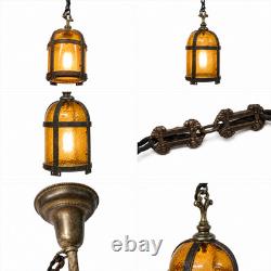 Vintage Amber Textured Glass Hanging Pendant Lantern Bronze Copper 32.5in