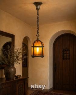 Vintage Amber Textured Glass Hanging Pendant Lantern Bronze Copper 32.5in