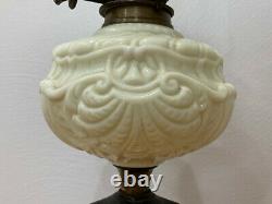 Vintage Antique Black Painted Cast Iron & Glass Large Oil Lamp Shell Decoration