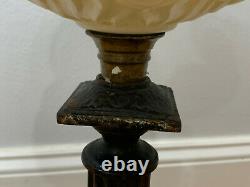 Vintage Antique Black Painted Cast Iron & Glass Large Oil Lamp Shell Decoration