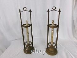Vintage Antique Brass Pair Of Candle/round Glass Lanterns With Wood Candles