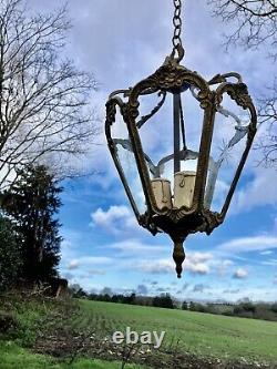 Vintage Antique Cast Brass Decorative Lantern Cut Glass Panels