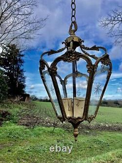 Vintage Antique Cast Brass Decorative Lantern Cut Glass Panels