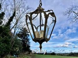 Vintage Antique Cast Brass Decorative Lantern Cut Glass Panels