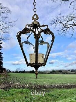 Vintage Antique Cast Brass Decorative Lantern Cut Glass Panels