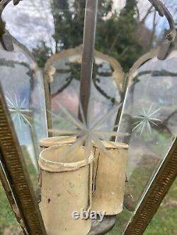 Vintage Antique Cast Brass Decorative Lantern Cut Glass Panels