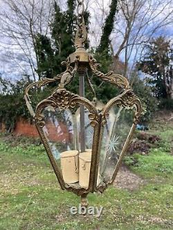 Vintage Antique Cast Brass Decorative Lantern Cut Glass Panels