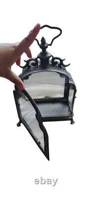Vintage Antique Decorative Metal Wrought Iron And 4 Sided Glass Hammered Lantern