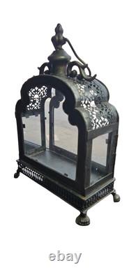 Vintage Antique Decorative Metal Wrought Iron And 4 Sided Glass Hammered Lantern