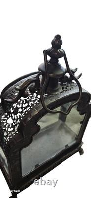 Vintage Antique Decorative Metal Wrought Iron And 4 Sided Glass Hammered Lantern