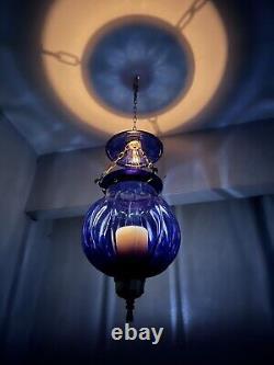 Vintage/Antique Glass Cobalt Blue Chain Hanging Candle Holder Lantern Lamp