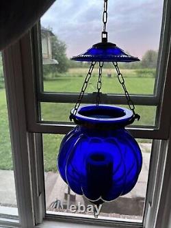 Vintage/Antique Glass Cobalt Blue Chain Hanging Candle Holder Lantern Lamp