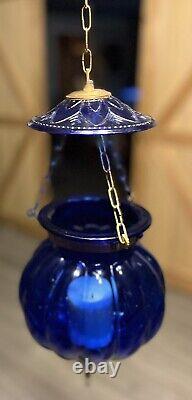 Vintage/Antique Glass Cobalt Blue Chain Hanging Candle Holder Lantern Lamp