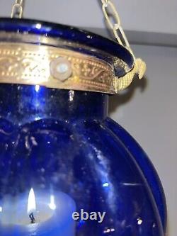 Vintage/Antique Glass Cobalt Blue Chain Hanging Candle Holder Lantern Lamp