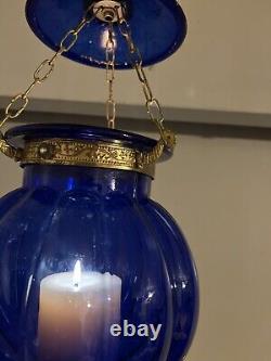 Vintage/Antique Glass Cobalt Blue Chain Hanging Candle Holder Lantern Lamp