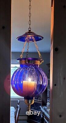 Vintage/Antique Glass Cobalt Blue Chain Hanging Candle Holder Lantern Lamp