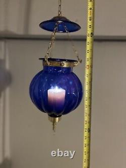 Vintage/Antique Glass Cobalt Blue Chain Hanging Candle Holder Lantern Lamp