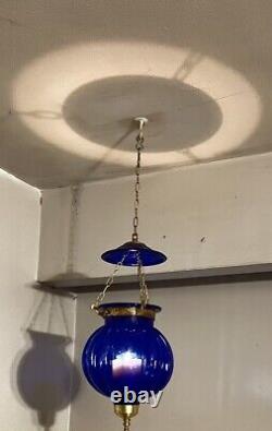 Vintage/Antique Glass Cobalt Blue Chain Hanging Candle Holder Lantern Lamp