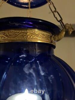Vintage/Antique Glass Cobalt Blue Chain Hanging Candle Holder Lantern Lamp