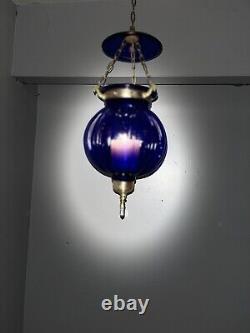 Vintage/Antique Glass Cobalt Blue Chain Hanging Candle Holder Lantern Lamp