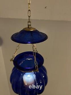 Vintage/Antique Glass Cobalt Blue Chain Hanging Candle Holder Lantern Lamp