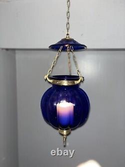 Vintage/Antique Glass Cobalt Blue Chain Hanging Candle Holder Lantern Lamp