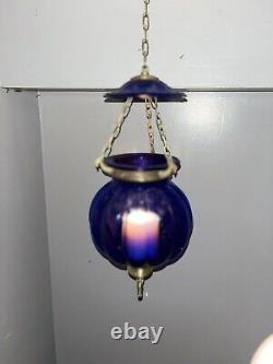 Vintage/Antique Glass Cobalt Blue Chain Hanging Candle Holder Lantern Lamp