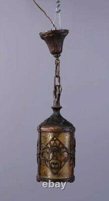 Vintage Antique Gothic Arts & Crafts Cast Metal Hanging Lamp Lantern Fixture