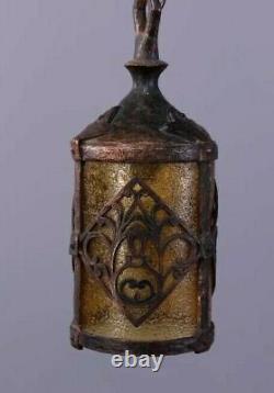 Vintage Antique Gothic Arts & Crafts Cast Metal Hanging Lamp Lantern Fixture