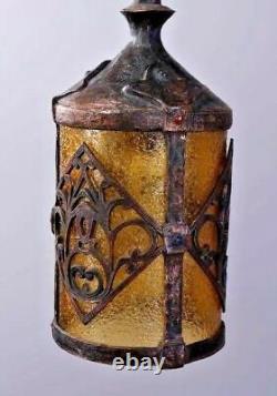 Vintage Antique Gothic Arts & Crafts Cast Metal Hanging Lamp Lantern Fixture