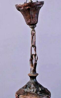 Vintage Antique Gothic Arts & Crafts Cast Metal Hanging Lamp Lantern Fixture
