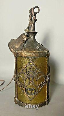 Vintage Antique Gothic Arts & Crafts Cast Metal Hanging Lamp Lantern Fixture