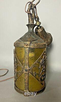 Vintage Antique Gothic Arts & Crafts Cast Metal Hanging Lamp Lantern Fixture