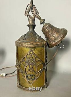 Vintage Antique Gothic Arts & Crafts Cast Metal Hanging Lamp Lantern Fixture