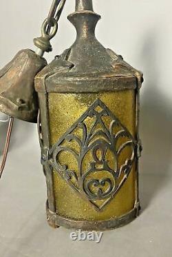 Vintage Antique Gothic Arts & Crafts Cast Metal Hanging Lamp Lantern Fixture