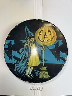 Vintage Antique Halloween Witch Jack O Lantern Tindeco Candy Container Tin 1920s